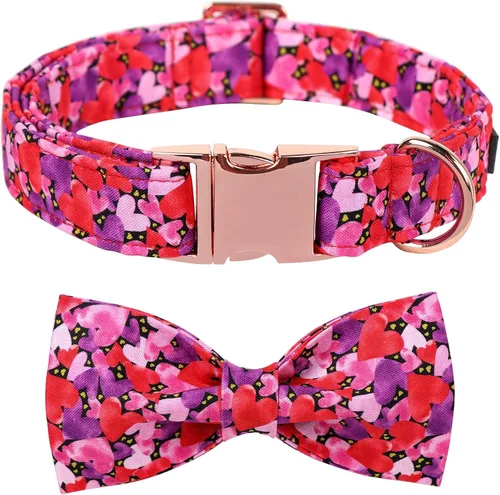 Vista 9 de Maca Bates - Collar de perro para el día de San Valentín con lazo elegante para perros extra pequeños, patrón de corazones rosados, ajustable
