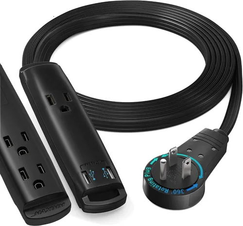Vista 16 de Maximm Cable de extensión de 1 pie con puertos USB, enchufe plano giratorio 360, 3 salidas (2 puertos USB), conectado a tierra (negro)