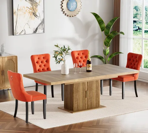 Vista 15 de Juego de mesa de comedor extensible de 5 piezas, juego de mesa de comedor extensible de estilo granja para 4, mesa de cocina expandible de madera