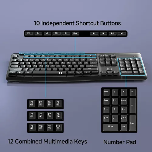Vista 3 de Redragon - Teclado inalámbrico, teclado ergonómico inalámbrico de tamaño completo de 2.4G con 10 teclas multimedia individuales, resistente a