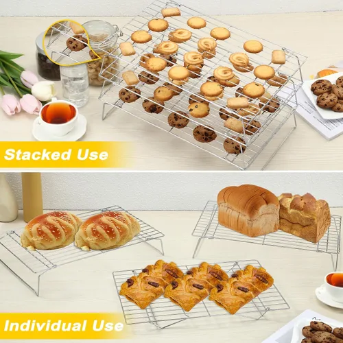 Vista 5 de Hunnycook Estantes de Enfriamiento - 10 x 16 Pulgadas 3PCS Estantes Altos Apilables para Hornear, Estante de Alambre de Acero Inoxidable