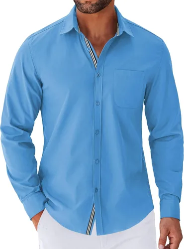 Vista 15 de COOFANDY Camisa para hombre de manga larga casual con botones, camisas sin doblar para hombre de ajuste regular