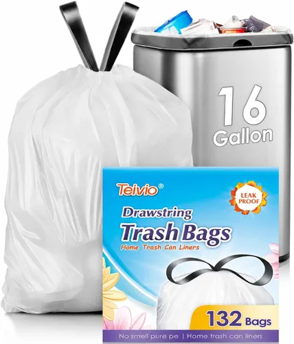 Vista 9 de Bolsas de basura de 7 galones, 100 unidades, bolsas de basura con cordón resistentes de Teivio, bolsas para papeleras de baño, bolsas de plástico