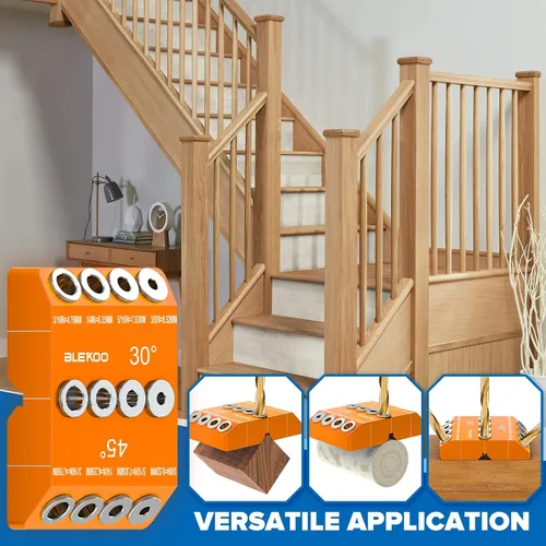 Vista 2 de BLEKOO - Plantilla de guía de taladro angular naranja con 4 brocas para kit de tornillos de retraso de barandilla de cable y postes de madera