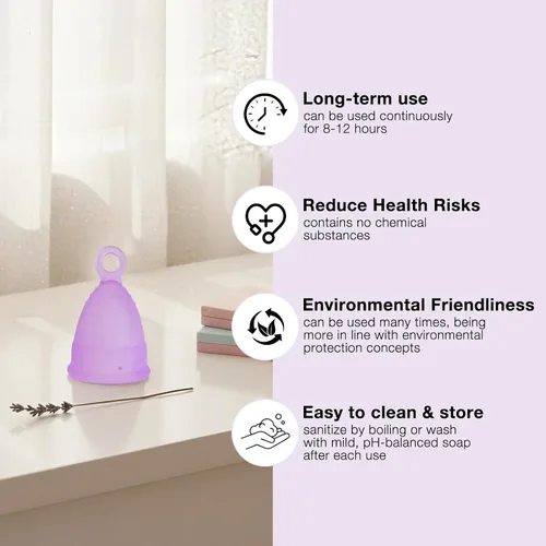Vista 4 de Copas menstruales reutilizables, 12 horas de protección sin fugas, copas de silicona suave de grado médico, aptas para principiantes