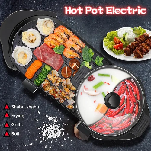 Vista 8 de Olla Caliente con Parrilla, Olla Caliente Eléctrica 2 en 1 Shabu Shabu Olla Caliente Barbacoa Coreana, Olla Caliente Desmontable 1200W / Bandeja