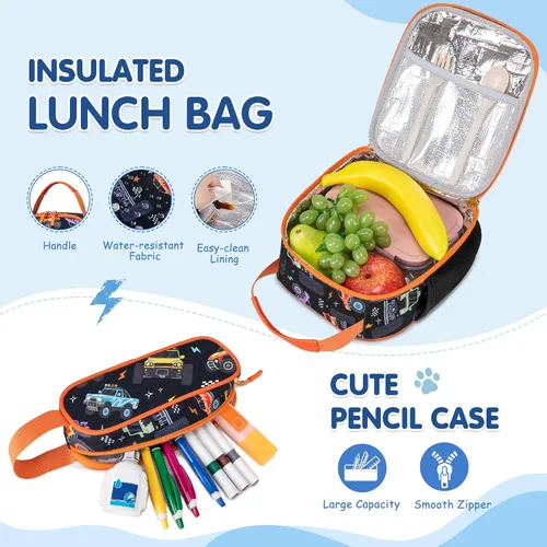 Vista 7 de Mochila infantil para niñas de 4 a 8 años, Blackorange-camión, Lindo