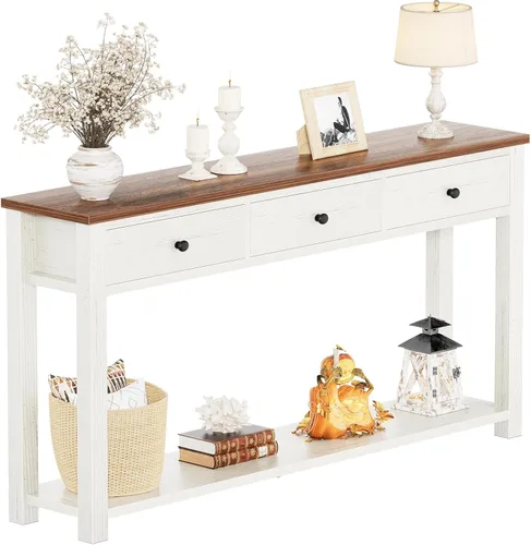 Vista 11 de Homieasy Mesa consola de granja con 3 cajones, mesa de sofá de madera de 47 pulgadas con estante de almacenamiento para sala de estar, detrás
