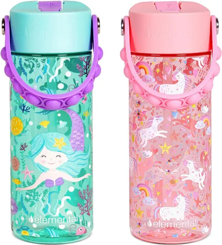 Vista 24 de Elemental Botellas de agua para niños – Botella de agua para niños Splash para la escuela con mango Pop-it – Botella de agua de plástico Tritan sin