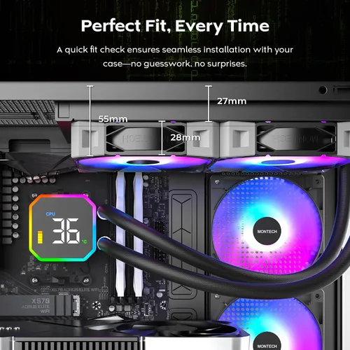 Vista 6 de MONTECH HyperFlow Digital 240 - Enfriador líquido de CPU, AIO de 9.449 in con bomba de 3100 RPM, 2 ventiladores E28 ARGB de 4.724 in, pantalla