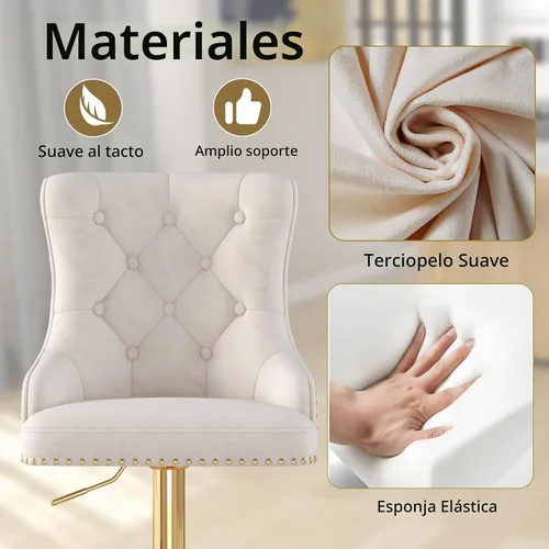Vista 5 de Juego de 2 taburetes de bar de terciopelo, altura ajustable, base de metal dorado, beige Diseño de cabeza de clavo, función giratoria, ideal