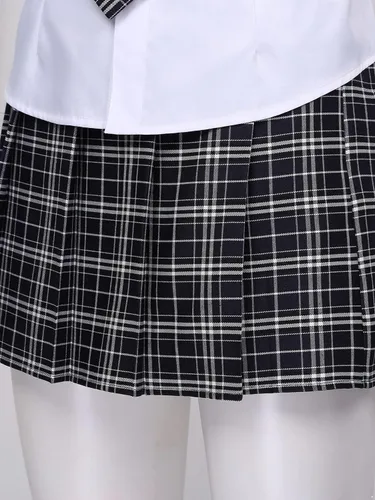 Vista 7 de JanJean Uniforme de manga corta para mujer camisa blanca con falda plisada a cuadros y corbata para cosplay
