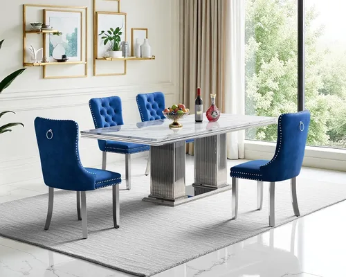 Vista 21 de Juego de 4 mesas de comedor blancas y doradas, mesa de cocina rectangular de 68 pulgadas con parte superior de mármol sintético blanco, mesa de Mesa