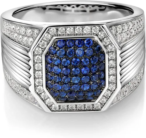 Vista 2 de Anillo de plata de ley 925 para hombre zafiro y moissanita creada en azul y blanco creada por GemStone King 192 quilates disponible en tallas 9 10