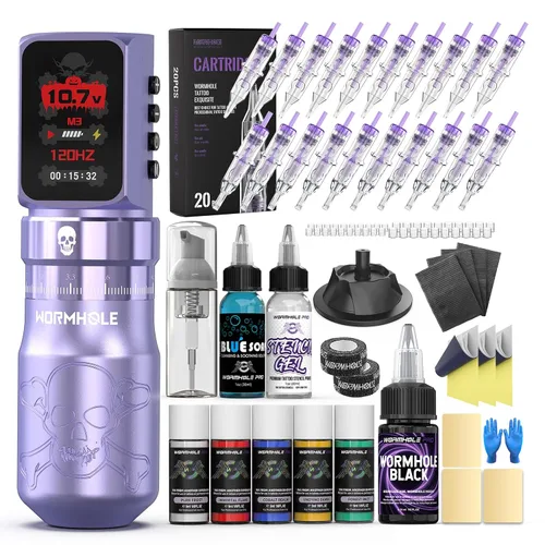 Vista 10 de Wormhole Tattoo Kit de pistola con patrón de calavera para forro y Dos púrpura