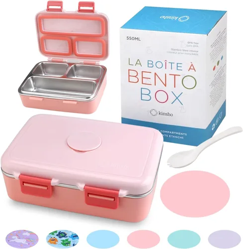 Vista 7 de Lonchera de acero inoxidable para bebés y niños, mini Bento, 3 secciones de porciones de metal ecológico, tapa a prueba de fugas, almuerzos