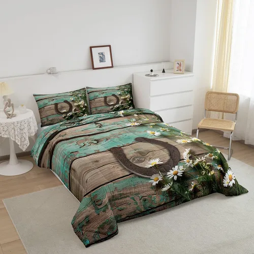 Vista 4 de Juego de ropa de cama rústica de granja color verde azulado con puerta de granero de madera, edredón de plumas tamaño Queen, decoración occidental