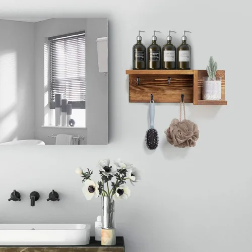 Vista 4 de AKKO Soporte de madera para llaves decorativo de pared, organizador de correo y llaves con 4 ganchos para llaves y estante flotante en forma de "Z