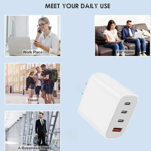Vista 3 de Bloque de cargador USB-C, bloque de cargador de pared con cable C a C, adaptador de corriente de 4 puertos y enchufe de pared, bloque de carga
