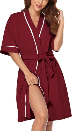 Vista 123 de COLORFULLEAF Bata de baño de manga corta para mujer, 100% algodón, longitud hasta la rodilla, con bolsillos