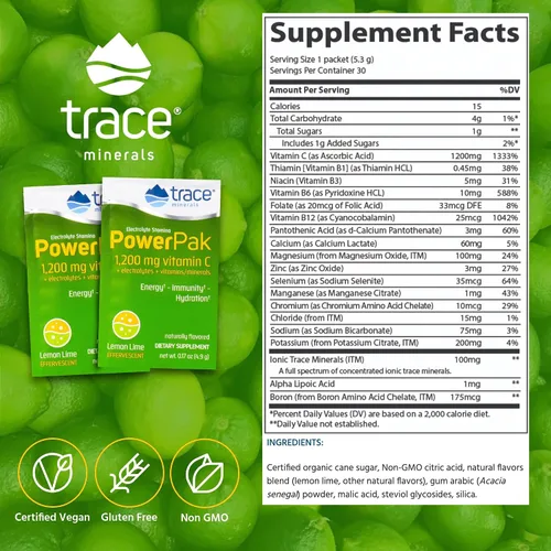 Vista 4 de Power Pak, suplemento dietario: electrolitos, stamina, minerales traza- Sin OMG, ESPP02, 30, Lemon Lime, 1, 1