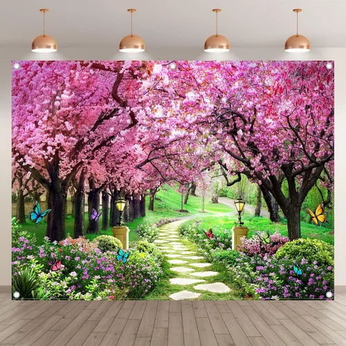 Vista 2 de Telón de fondo de fotografía de paisaje primaveral de 8 x 6 pies, jardín, flores, árbol, camino, paisaje, mujeres, niños, decoración de fiesta