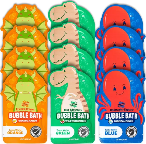 Vista 9 de Tub Works® Magical Kids Baño de Burbujas, paquete variado de 12 unidades, crea agua colorida y toneladas de burbujas de baño, no tóxico, baño