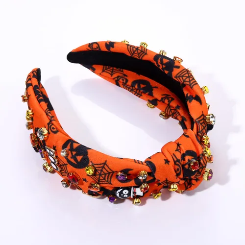 Vista 8 de Diadema ancha con nudo superior y cuentas de perlas de cristal, adorno de calabaza y caramelo de calabaza, accesorio de Halloween para mujer