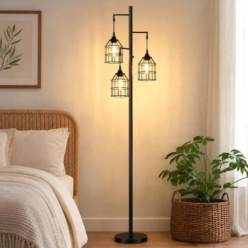 Vista 7 de Sucolite Lámpara de Pie Regulable de 70" para Sala de Estar, Lámpara de Pie Industrial de Árbol de 3 Luces Negra con Jaulas, Lámpara de Pie Alta