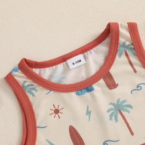 Vista 67 de Ropa de bebé niño sin mangas + pantalones cortos con estampado a rayas con bolsillos, 2 piezas de trajes de verano