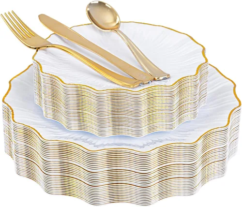 Vista 7 de U-QE 150 platos de plástico negro con cubiertos de plástico dorado, platos negros desechables para fiestas, incluyen 30 platos llanos de 10.25