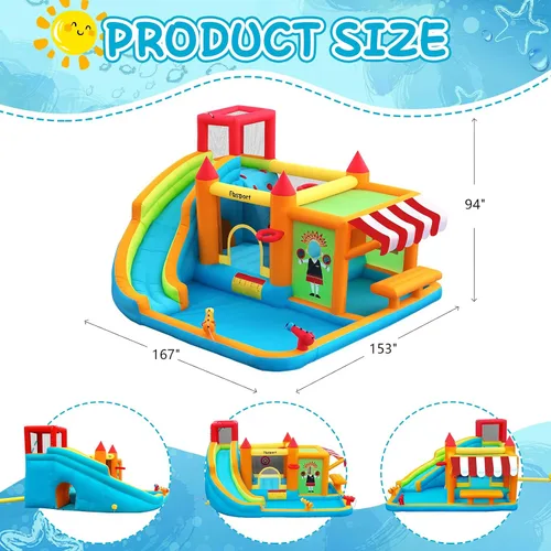 Vista 7 de FBSPORT - Casa inflable de rebote con tobogán acuático, casa de rebote para niños con soporte de juguete, piscina de salpicaduras, pared de Naranja