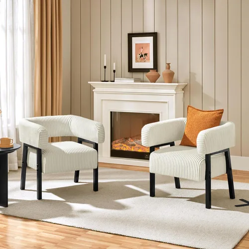 Vista 12 de Yaheetech Silla decorativa de pana con diseño de barril, moderno sillón tapizado con patas de madera maciza, acogedora silla de ocio con asiento