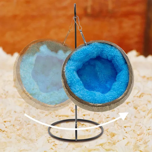 Vista 4 de Ranslen Hamster de coco natural con suspensión de juguete molar, casa de cama de hámster con almohadilla cálida, accesorios de decoración de hábitat