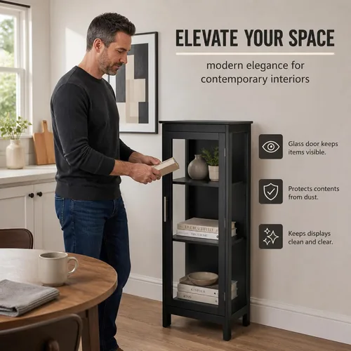Vista 9 de Ergode Vitrina de madera amapola – negro, puerta de cristal, estantes ajustables – Solución versátil de almacenamiento y exhibición para el hogar