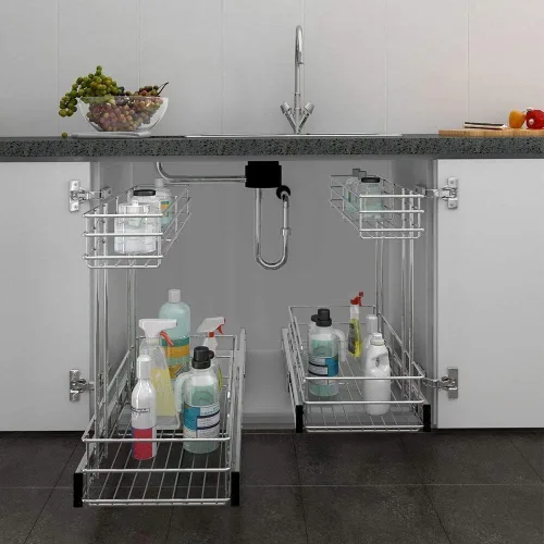 Vista 8 de Organizador de gabinete extraíble de 2 niveles para debajo del fregadero, cesta de estante de alambre deslizante para gabinetes de base de cocina, 9