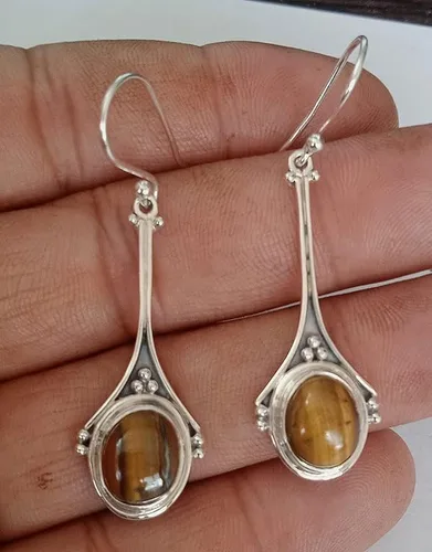 Vista 5 de Pendientes de ojo de tigre de plata de ley 925 para mujer, Plata de ley, Ojo de tigre