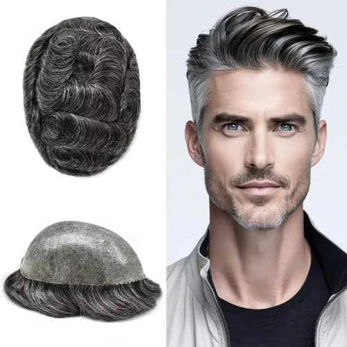 Vista 130 de Toupee para hombre 100% cabello humano real tupé para hombres 0.004 in piel de poliuretano para hombre, sistema de reemplazo de piezas de pelo