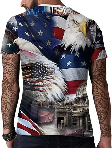 Vista 3 de Camiseta patriótica de manga corta para hombre con la bandera de Estados Unidos de América del 4 de julio, cuello redondo, suave, de verano
