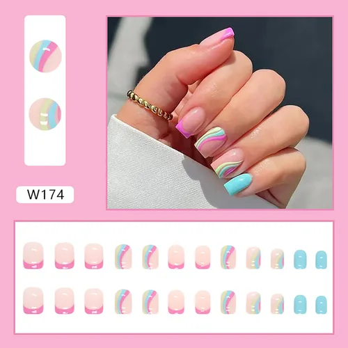 Vista 2 de Uñas postizas a presión de longitud corta, 24 piezas de cobertura completa, reutilizables, brillantes, uñas postizas con pegamento, uñas postizas