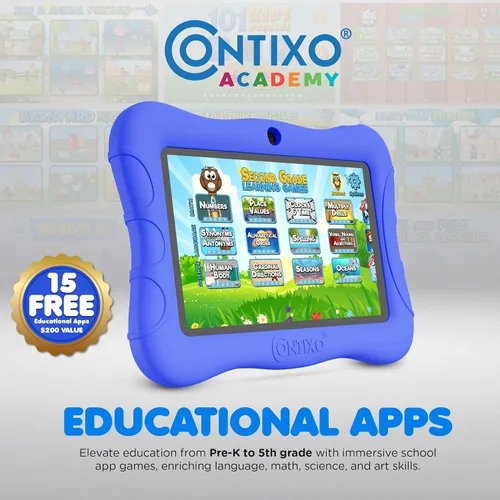 Vista 3 de Contixo Tablet Android Kids de 7" de 32 GB, incluye más de 50 libros de cuentos y calcomanías de Disney (valor de $200), funda protectora