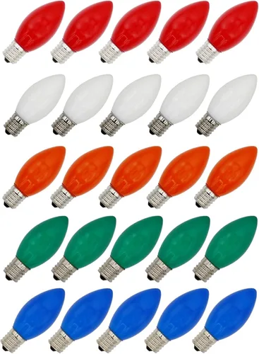 Vista 6 de Creative Hobbies Paquete de 25 bombillas de repuesto C9 de Navidad, 7 vatios, vida útil, base E17 chapada en níquel, ideal para luces de Navidad