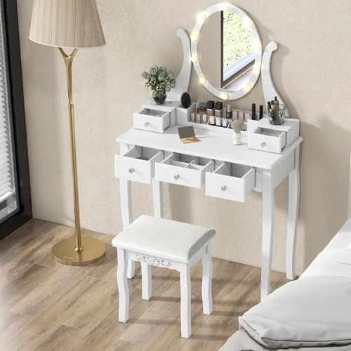 Vista 10 de CHARMAID Juego de tocador de maquillaje con espejo y taburete acolchado, tocador con 5 cajones y organizadores de almacenamiento extraíbles, mesa