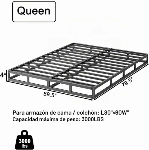 Vista 2 de RLDVAY Queen - Somier tamaño Queen de 4 pulgadas, base de colchón resistente, base de colchón de metal con funda de tela, fácil montaje, resistente