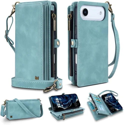 Vista 64 de Funda tipo cartera para iPhone 16 Pro Max con 8 tarjeteros, bloqueo RFID, piel sintética, función atril, abatible, correa de muñeca y correa