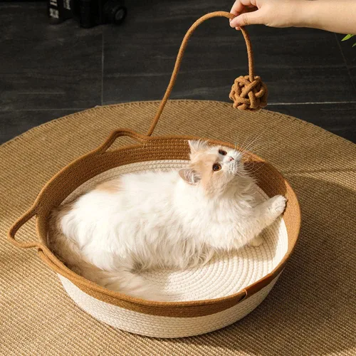 Vista 8 de Cama para gatos de cuerda de algodón tejida a mano, transpirable y fácil de limpiar, hamaca plegable para rascar con diseño de orejas de gato