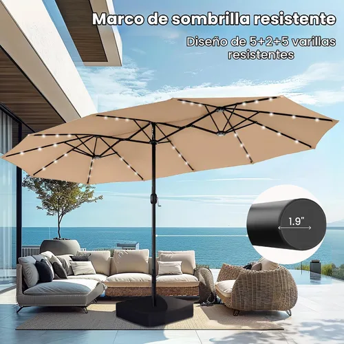 Vista 4 de PHI VILLA Sombrilla de patio grande de 15 pies con base y luces solares, paraguas rectangular de doble cara para exteriores con 36 luces LED, Beige