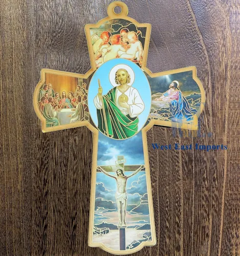 Vista 7 de WE 12 piezas de cruz de pared de madera de San Judas católico - Bautismo Favor