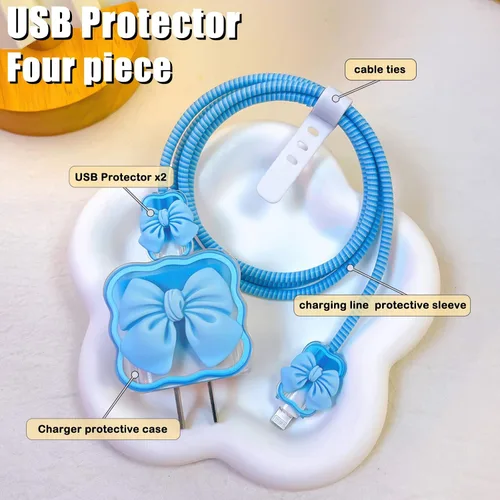 Vista 2 de CameCosy Bonito protector de cable para iPhone de 18 W/20 W, cargador USB-C con diseño de ondas de pajarita 3D, funda protectora de carga de Azul