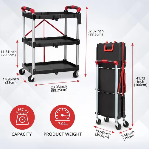 Vista 2 de Towallmark Carrito de servicio plegable portátil, carrito plegable de 3 niveles, carritos utilitarios plegables para oficina, almacén y hogar, Negro